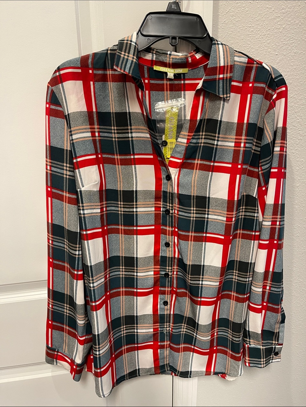 Gianni Bini Red, Black & White Plaid Button-Down Shirt NWT